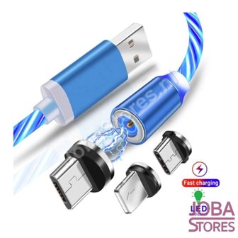 USB kabel magnetisch met verlichting en 3 stekkers (Blauw)