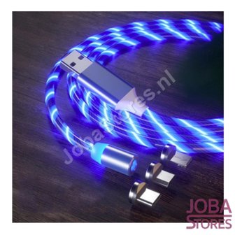 USB kabel magnetisch met verlichting en 3 stekkers (Blauw)