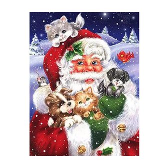 Diamond Painting P&egrave;re No&euml;l avec chatons et chiots 30x40cm