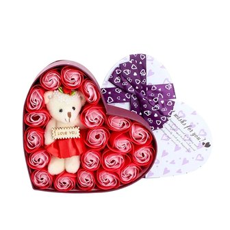 Coffret en forme de coeur avec roses de savon et ours Rouge - Saint Valentin - F&ecirc;te des M&egrave;res
