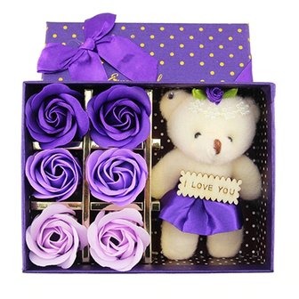 Coffret cadeau avec roses de savon et ours I Love You (Violet) - F&ecirc;te des m&egrave;res - Saint Valentin
