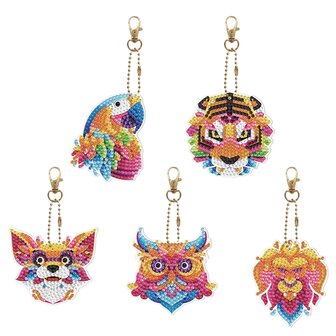 Ensemble de porte-cl&eacute;s Diamond Painting Animaux color&eacute;s (5 pi&egrave;ces)