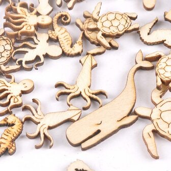 Assortiment de mini cr&eacute;atures marines en bois &agrave; peindre / colorier soi-m&ecirc;me (20 pi&egrave;ces / 40mm)