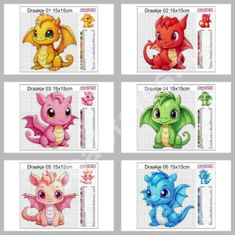 Diamond Painting Motifs Ensemble de Petits Dragons Mignons 01 15x15cm (6 pi&egrave;ces)