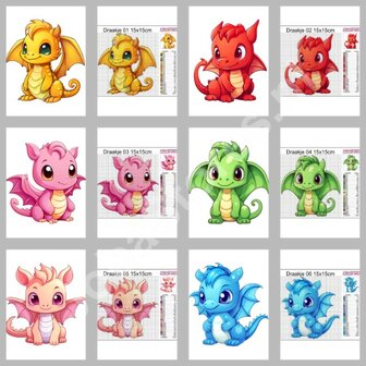 Diamond Painting Motifs Ensemble de Petits Dragons Mignons 01 15x15cm (6 pi&egrave;ces)