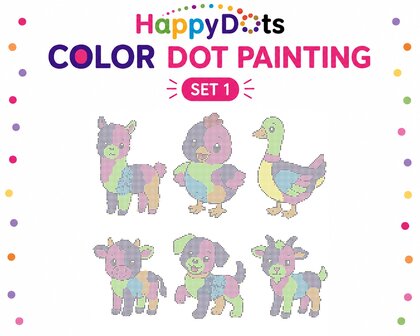 Kit de peinture &agrave; points HappyDots sur le th&egrave;me des animaux de la ferme, format A4
