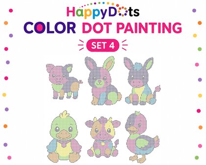 Kit de peinture &agrave; points HappyDots sur le th&egrave;me des animaux de la ferme, format A4