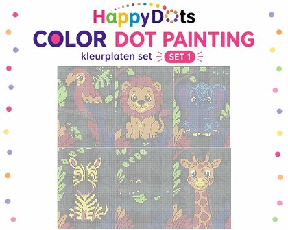 Kit de peinture &agrave; points HappyDots sur le th&egrave;me des animaux de la jungle, format A4