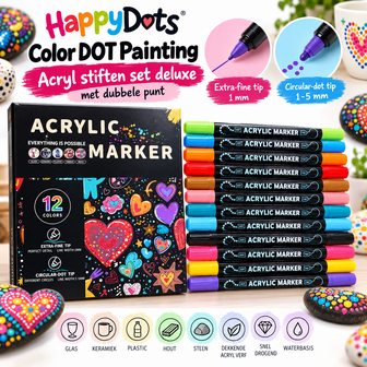 HappyDots Color DOT Painting Feutres Acryliques Deluxe &ndash; 12 Couleurs &ndash; Double Pointe