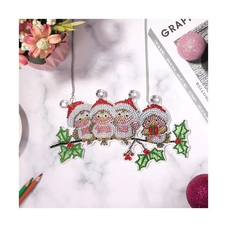 Peinture au diamant Oiseaux de décoration de Noël à suspendre avec bonnet de Noel (22cm)