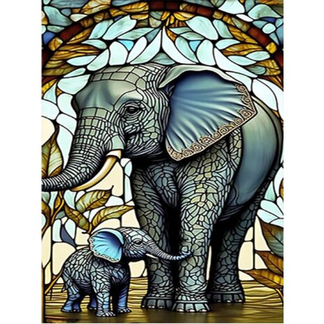 Diamond Painting Glas in lood Olifant met kleintje 01