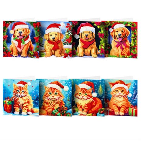 Diamond Painting Kerstkaarten set 08 Honden en Katten (8 stuks)