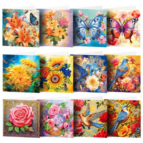 Diamond Painting Ensemble de cartes de vœux 005 Fleurs, oiseaux et papillons (12 pièces)