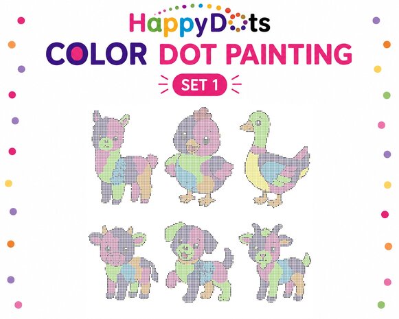 Kit de peinture &agrave; points HappyDots sur le th&egrave;me des animaux de la ferme, format A4