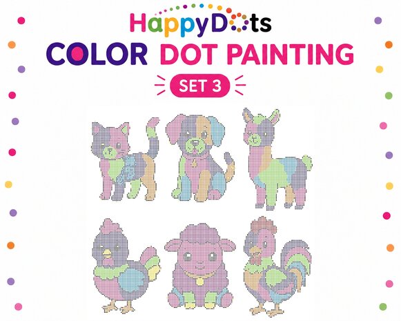 Kit de peinture &agrave; points HappyDots sur le th&egrave;me des animaux de la ferme, format A4