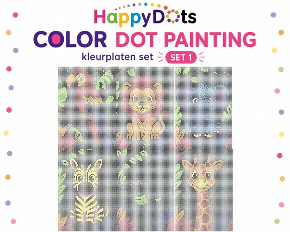 Kit de peinture &agrave; points HappyDots sur le th&egrave;me des animaux de la jungle, format A4