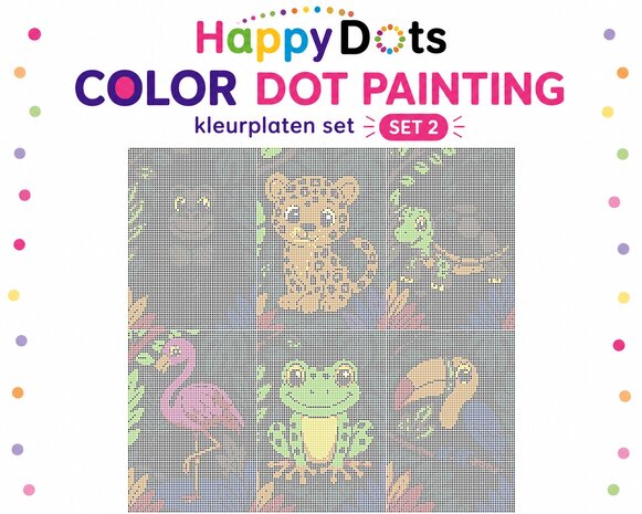 Kit de peinture &agrave; points HappyDots sur le th&egrave;me des animaux de la jungle, format A4