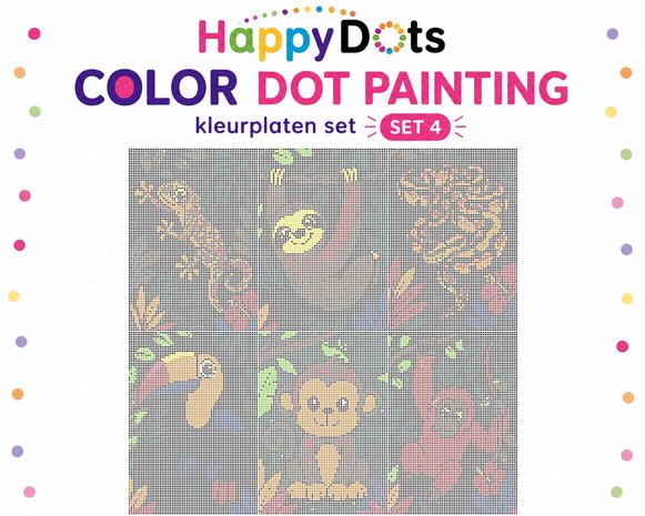 Kit de peinture &agrave; points HappyDots sur le th&egrave;me des animaux de la jungle, format A4