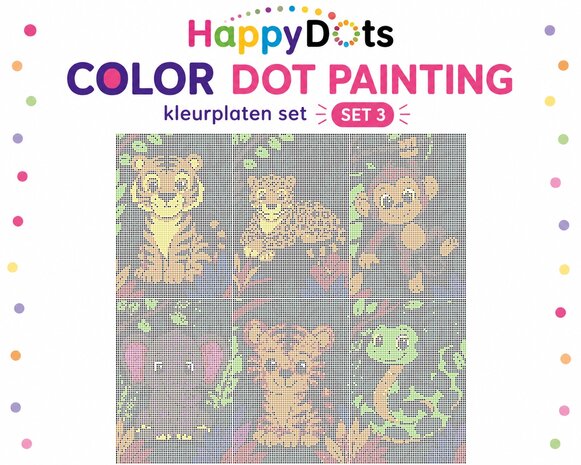 Kit de peinture &agrave; points HappyDots sur le th&egrave;me des animaux de la jungle, format A4