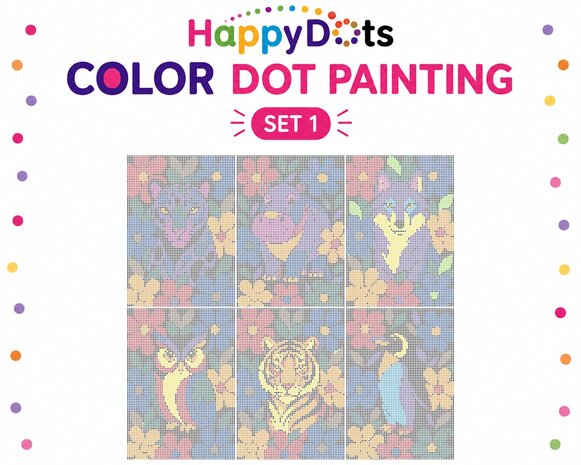 Kit de peinture &agrave; points HappyDots Color DOT Animaux parmi les fleurs A4