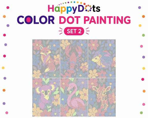 Kit de peinture &agrave; points HappyDots Color DOT Animaux parmi les fleurs A4