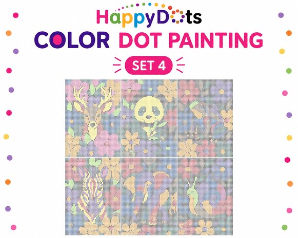 Kit de peinture &agrave; points HappyDots Color DOT Animaux parmi les fleurs A4