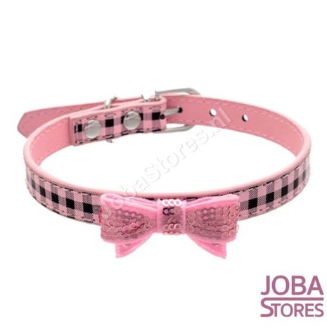 Honden Halsband Ruitjes met strik Roze S