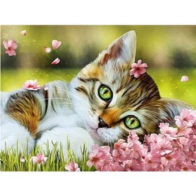 Diamond Painting Chat parmi les Fleurs (taille et forme des pierres de votre choix)