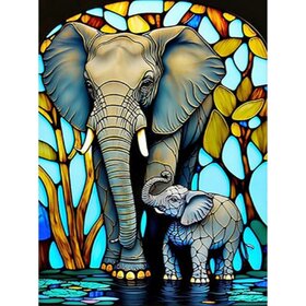 Diamond Painting Vitrail Éléphant avec Bébé 02