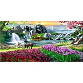 Diamond Painting Paysage - Cascades japonaises avec chevaux