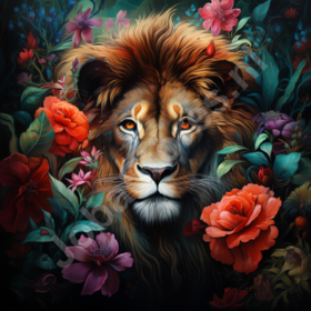 Diamond Painting Lion parmi les fleurs