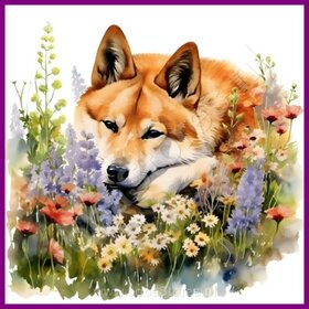 Diamond Painting Akita avec des fleurs 03