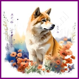 Diamond Painting Akita avec des fleurs 04