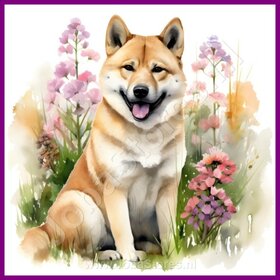 Diamond Painting Akita avec des fleurs 05
