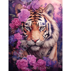 Diamond Painting Tigre avec des fleurs violettes 04