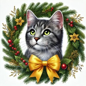 Diamond Painting Couronne de Noël - Chat Tigré Gris