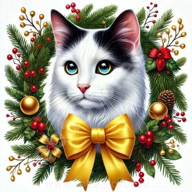 Diamond Painting Couronne de Noël - Chat Blanc