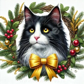 Diamond Painting Couronne de Noël - Chat des Forêts Norvégiennes