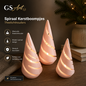 GSArt Spiraal Kerstboompjes Theelichthouders - Set van 3 met LED Theelichtjes - Glanzend Roze
