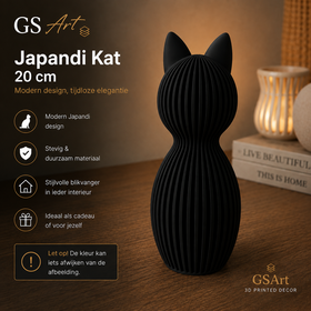 GSArt Japandi Kat 20 cm - Modern 3D Geprint Decoratiebeeld - Mat Zwart