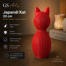 GSArt Japandi Kat 20 cm - Modern 3D Geprint Decoratiebeeld - Zijde Candy red