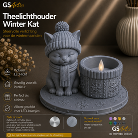 GSArt Theelichthouder Winter Kat - Inclusief LED-kaarsje - Mat Asgrijs