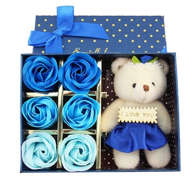 Coffret cadeau avec roses de savon et ours I Love You (Bleu) - Fête des mères - Saint Valentin