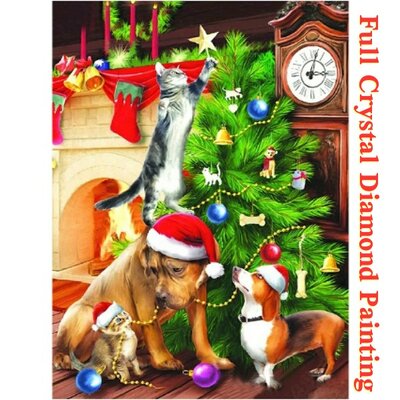 Sapin de Noël Crystal Diamond Painting avec 2 chiens et 2 chats (taille au choix)