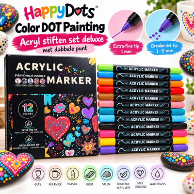 HappyDots Color DOT Painting Feutres Acryliques Deluxe – 12 Couleurs – Double Pointe